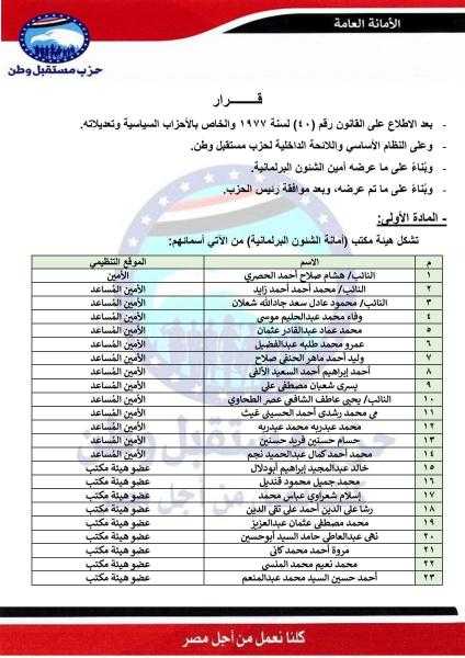 مستقبل وطن يُعلن تشكيل هيئة مكتب أمانة الشئون البرلمانية